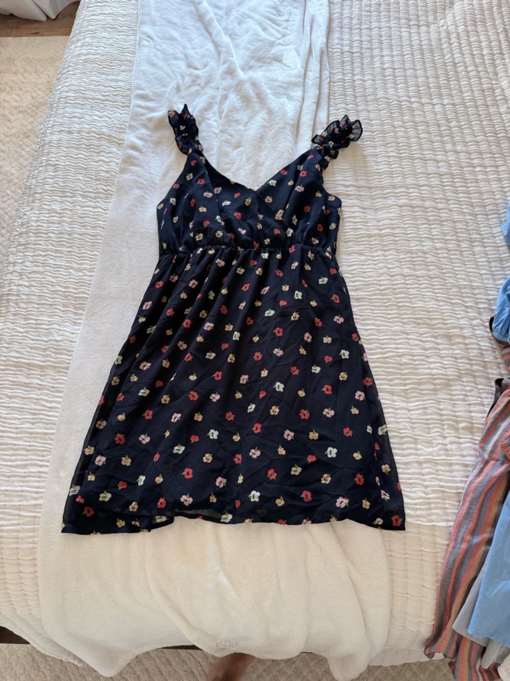 Madewell Black Floral Ruffle Strap Dress